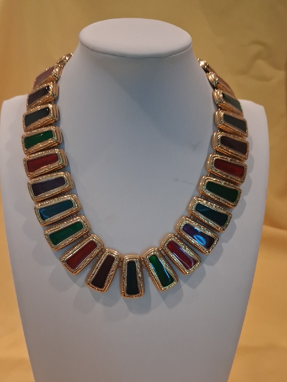 Vintage Anne Klein Multicolor Runway Enamel Link Statement Necklace - Gold Tone